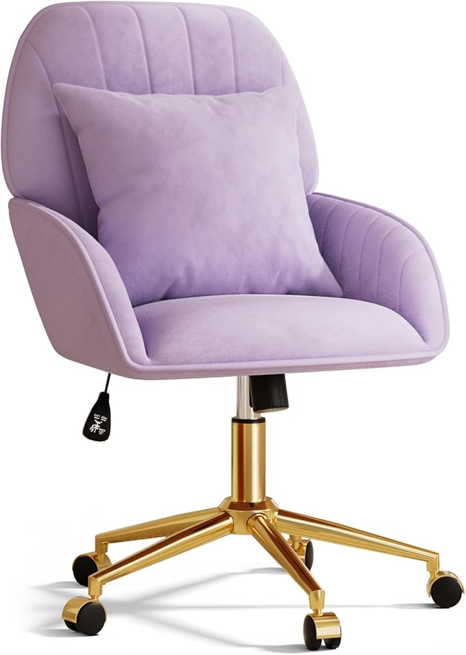 Home Office Desk Chair Comfy with Adjustable Swivel Wheels, Modern Velvet Makeup Vanity Chair with Back & Pillow, Ergonomic Office Chair Computer Task Chair for Living Room, Bedroom, Purple