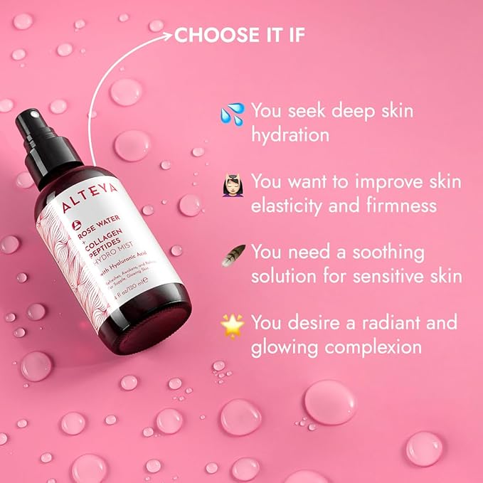 Alteya Organics Rose Water Face Toner – With Collagen Peptides & Hyaluronic Acid – Hydrating Facial Mist for Anti-Aging, Firming & Radiant Skin – 4 Fl Oz / 120mL