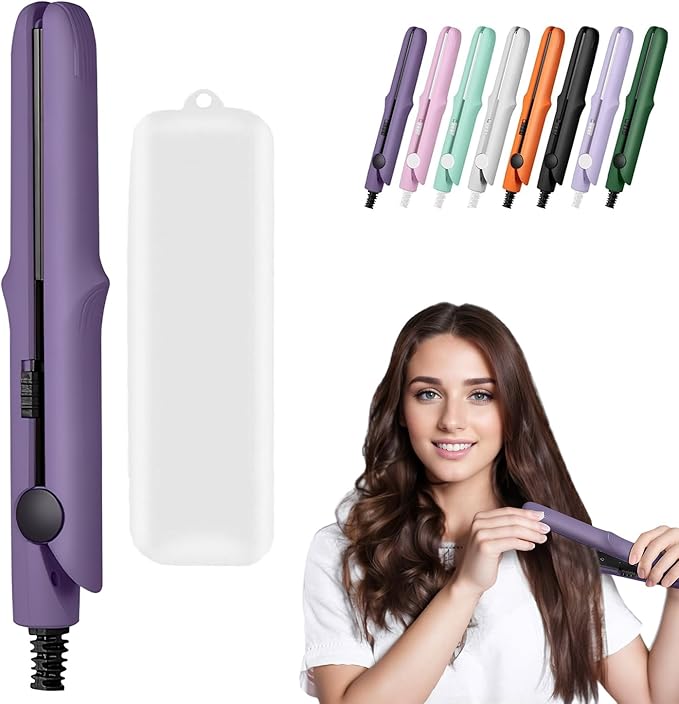 Long-Lasting Portable 2-in-1 Curling Wand and Straightener for Women and Girls, Dual Purpose Styling Tool for All Hair Types and Lengths - Short Hair Friendly (Dark Purple)