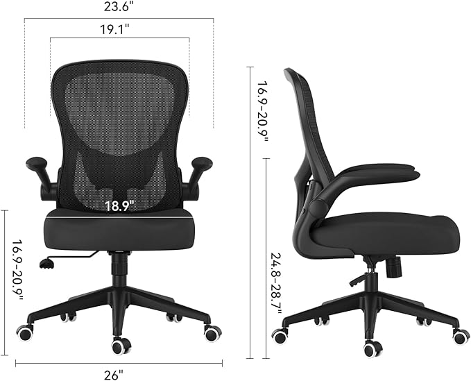 Hbada Office Chair Ergonomic Desk Chair, Office Chairs with PU Silent Wheels, Breathable Mesh Computer Chair with Adjustable Lumbar Support, Flip-up Armrests, Tilt Function, Black