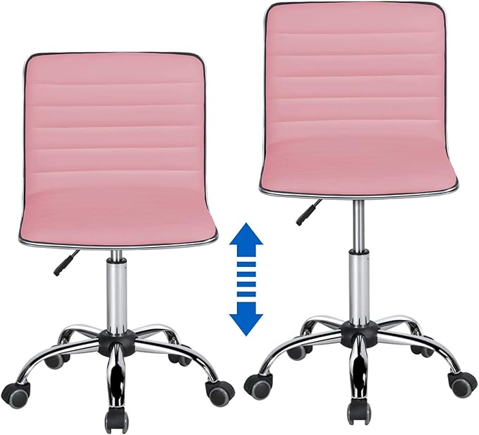 Yaheetech Pink Low Back PU Leather Ribbed Armless Office Chair, Ergonomic Swivel Task Chair with Wheels for Women