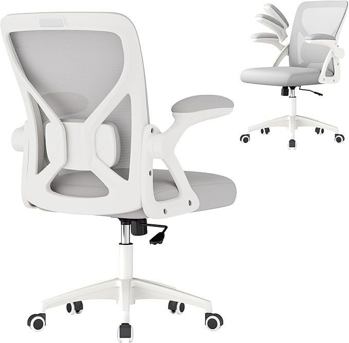 VASAGLE Ergonomic Mesh Office Chair with Adjustable Lumbar Support, 90-105° Tilt Function, Wide Seat, Flip‑Up Armrests, Computer Desk Chair for Home Office, Dove Gray UOBN045GD01S