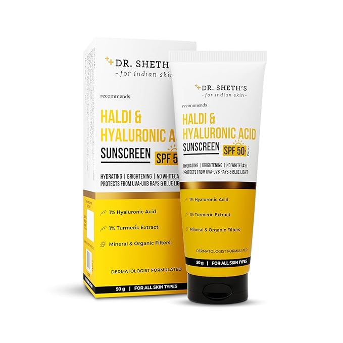 Dr. Sheth's Haldi & Hyaluronic Acid Sunscreen with 1% Hyaluronic Acid Spf 50+ Pa+++ Protects Against UVA/B & Blue Light Hydrating & Brightening For Men & Women For All Skin Type 50 g