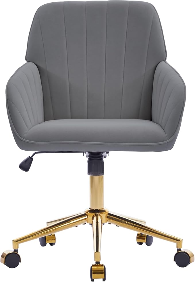 YITAI Velvet Office Desk Chair with Wheels and Gold Base,Modern Height Adjustable 360 Degree Swivel Upholstered Vanity Chairs with Arms for Living Room Bedroom, Study,Gray