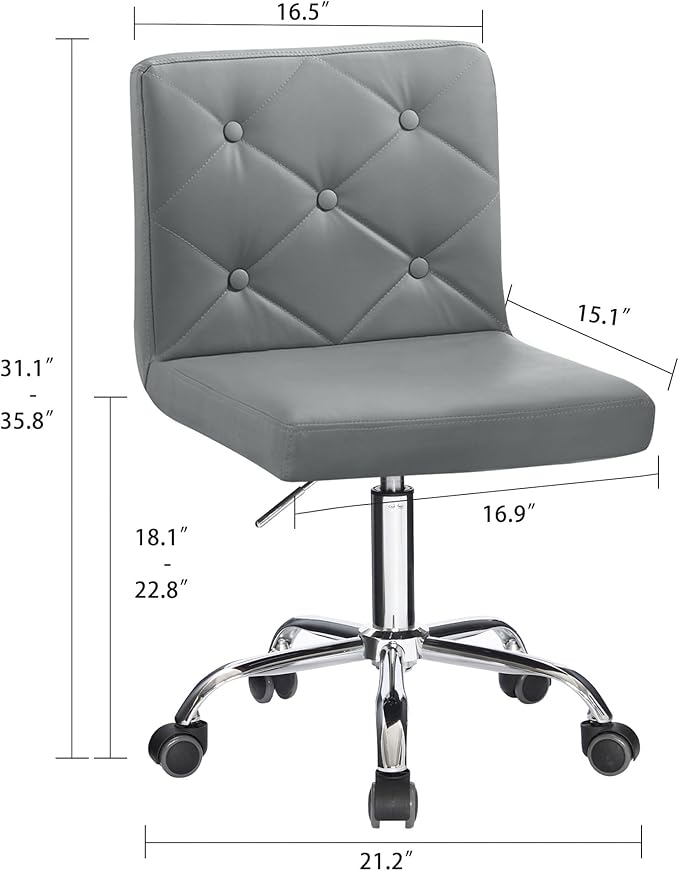 VECELO PU Leather Mid-Back Armless Desk Chair Adjustable Height 360° Rolling Swivel for Home Office Work, Grey