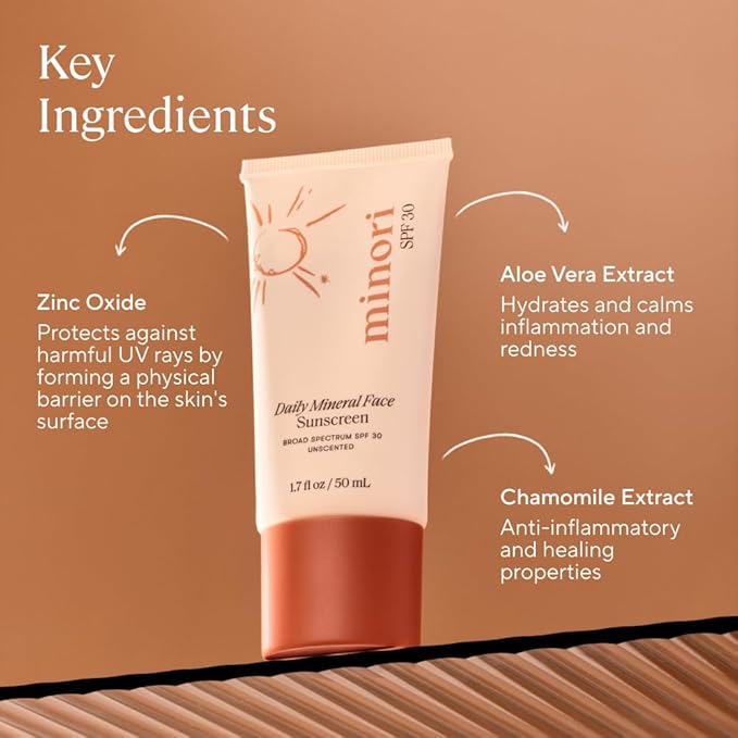 Minori Daily Mineral Sunscreen SPF 30, 100% Non-Nano Zinc Oxide, No White Cast, Non-Greasy, Pore-Smoothing Face Sunscreen, Unscented, Vegan, 1.7 fl oz