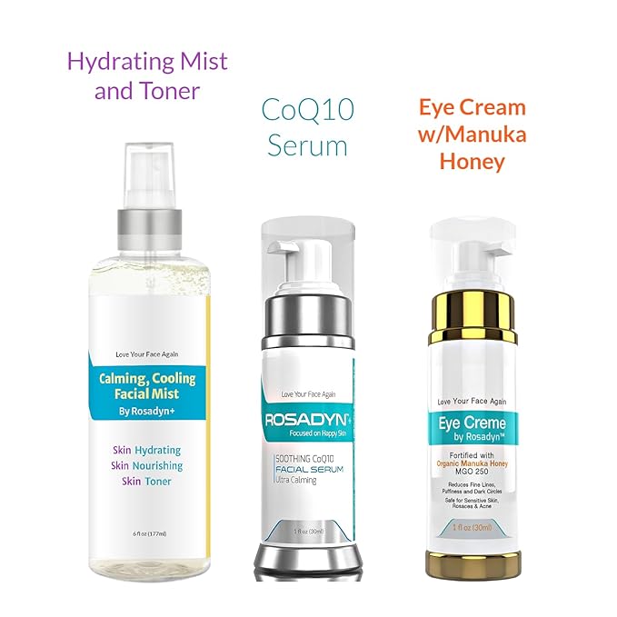 Rosacea Skin Care Trio - CoQ10 Serum, Eye Cream, Toner-Mist | For Sensitive Skin, Face Redness, Fine Lines and Hydration by Rosadyn+