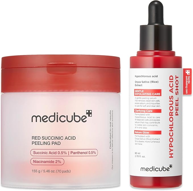 medicube Peel & Swipe Duo: Hypochlorous Acid Rice Peel Shot and Red Succinic Pad for Smooth, Clear Skin | Gentle Exofoliating Duo, Korean Skincare Set