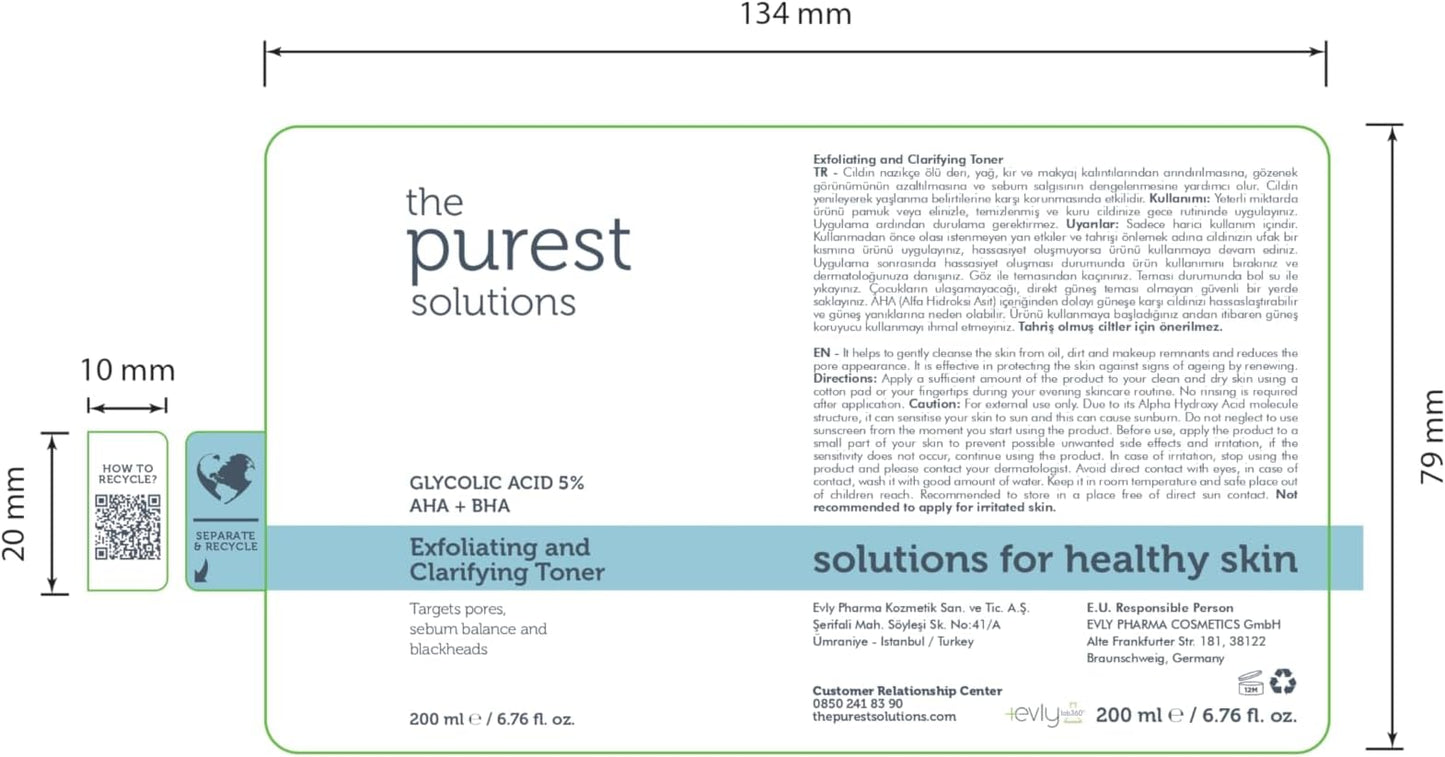 The Purest Solutions Exfoliating and Clarifying Toner (Glycolic Acid 5% AHA + BHA) - for All Skin Types - Balance Sebum Secretion - Reduce Pores Appearance - Vegan | Cruelty Free (6.76 fl. oz)