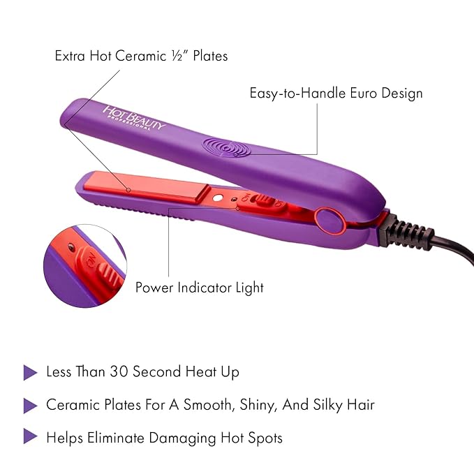Professional Ceramic Mini Flat Iron 1/2", Anti-Frizz, Fast Heating, Versatile Styling for Curly & Straight Hair, Ideal for Traveling with Travel Pouch (Violet)