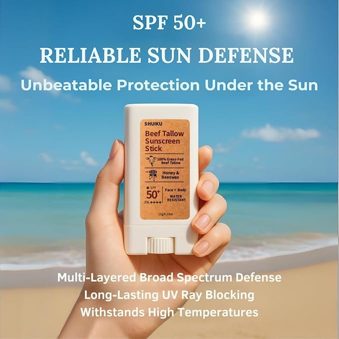 Beef Tallow Sunscreen Organic Stick SPF 50 – Non Nano Zinc Oxide Tallow-Based Mineral Sunscreen with Honey & Beeswax for Face & Body, Water-Resistant Natural Sunblock, 0.53 oz
