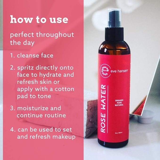 Eve Hansen Soothe & Repair Set: Organic Rose Water Spray for Face Moroccan Rosewater Face Toner, Setting Spray 8oz | Hydrating Hyaluronic Acid Serum for Face 2oz | Anti Aging Vitamin C Night Cream 2oz