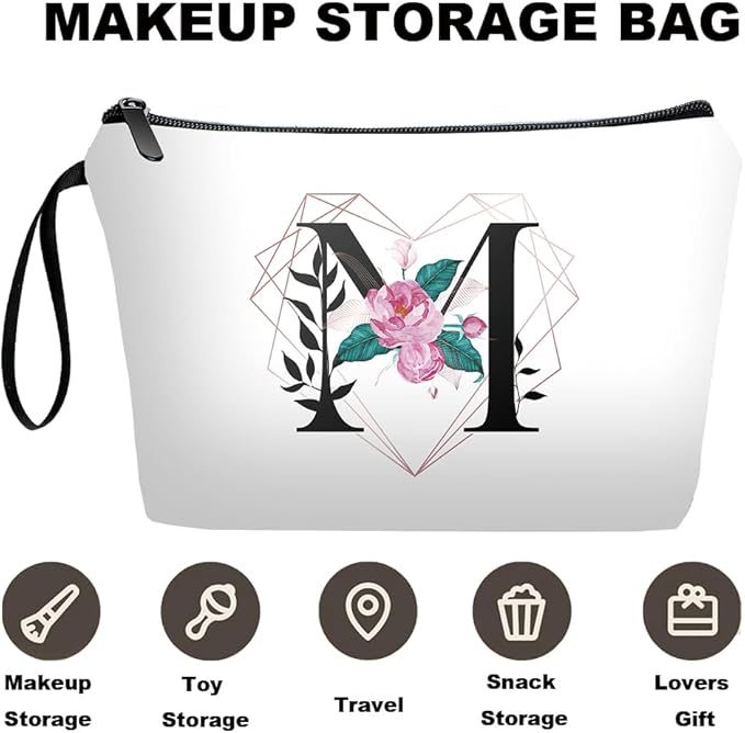 Personalized Initial M floral Makeup Bag set with Mirror for Women,White Ietter travel Cosmetic bag kit for Bride Bridesmaid with10 pieces pink brush set,Initial Gifts for Girls Mom femal Friends