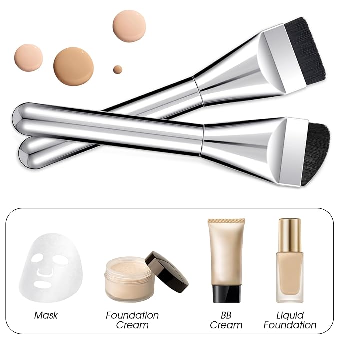 2pcs Spatula Brush Makeup, Flat Foundation Brush, Korean Makeup Brushes for Liquid Makeup Blending Cream, Black Soft Bristles Blending Brushes Silver