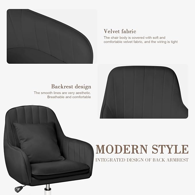 Mid Back Velvet Vanity Chair Swivel Rolling Desk Chair with Wheels, Modern Upholstered Makeup Chair for Women Girls, Computer Task Chair for Bedroom Living Room Office, Black