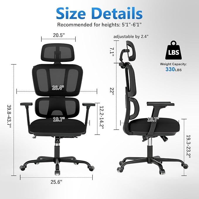 Office Chair Ergonomic Desk Chair with Lumbar Support and Headrest, Thick Cushion Mesh Computer Chair with Armrest and Tilt Lock, High Back Home Office Desk Chairs for Men Women