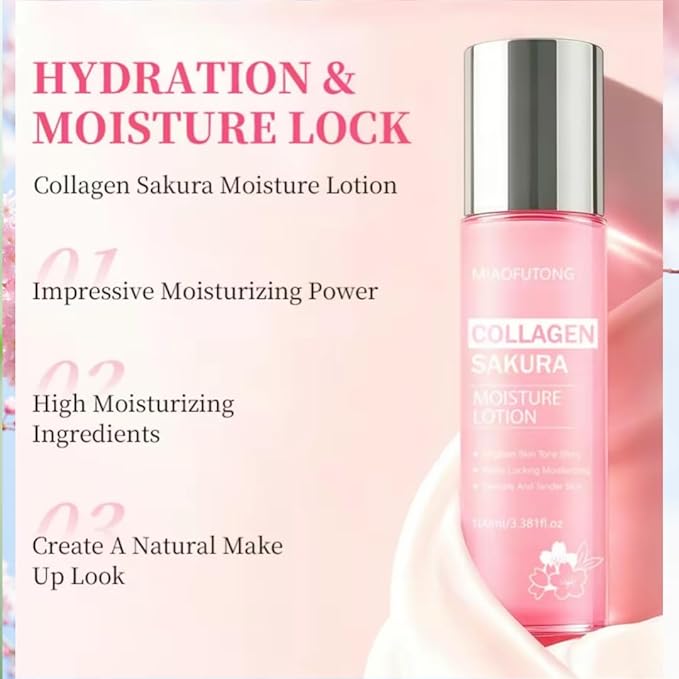 Collagen Sakura 6 Piece Skincare Set Cleanser Toner Moisturizing Lotion Hydrating Serum Firming Eye Cream Face Cream Comes with a make-up Bag Hydrating & Moisturizing for Fall & Winter
