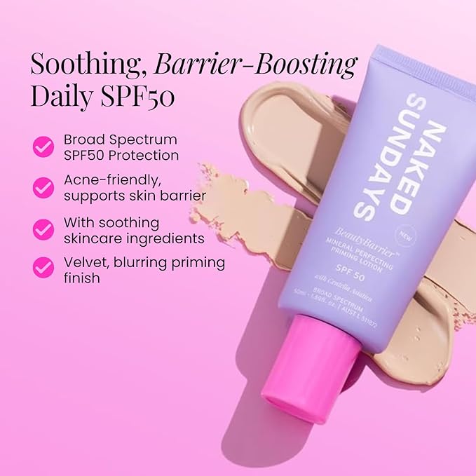 Naked Sundays BeautyBarrier Mineral Perfecting Priming Lotion SPF 50 – Sensitive Skin Mineral Sunscreen Primer with Zinc Oxide & Centella Asiatica (Cica), 50ml
