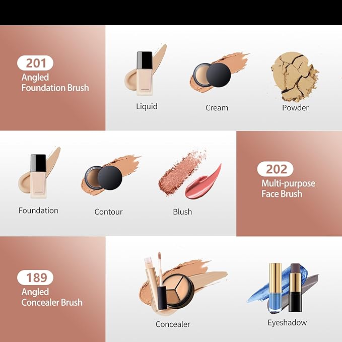 Face Makeup Brush Set 6PCS, Angled Cream Foundation Liquid Blush Brush Concealer Brush Under Eye, Nose Contour Eyeliner & Brow Brush