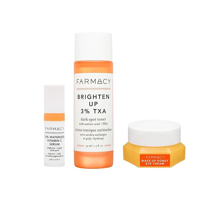 Farmacy Brighten + Smooth Radiance Set - 10% Vitamin C Face Serum (5ml), 3% TXA Brightening Toner (50ml), Wake Up Honey Vitamin C Eye Cream (15ml)