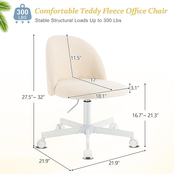 VINGLI Candy Chair Armless Cute Desk Chair,Comfy Small Office Chair with Wheels,Vanity Chair Lumbar Support,Teddy Adjustable Rolling Swivel Computer Task Chair for Home Office,Bedroom,Creamy Beige
