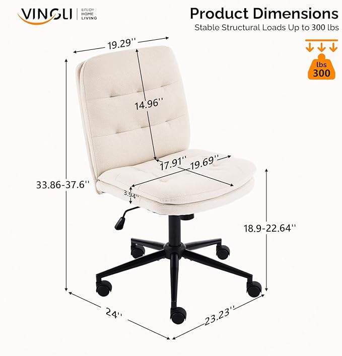 VINGLI Mid Back Armless Office Desk Chair with Wheels/no Wheels,360°Rocking Swivel Vanity Chair with Thickened Cushion,Adjustable Height Rolling for Reading Room, Make up,Linen Beige
