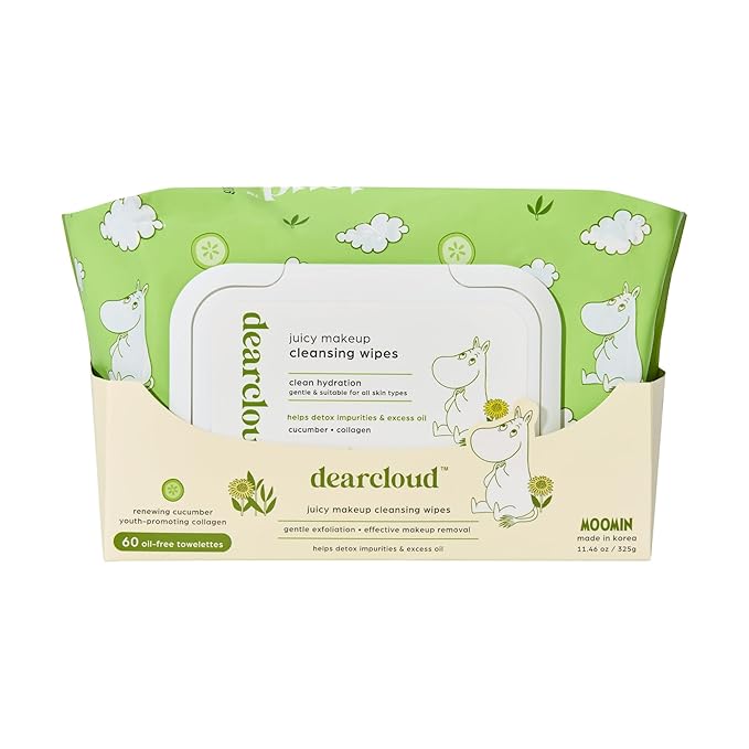 Moomin Juicy Makeup Cleansing Wipes - 60 count- Cucumber & Collagen Makeup Remover Towelettes (Renewing Cucumber)