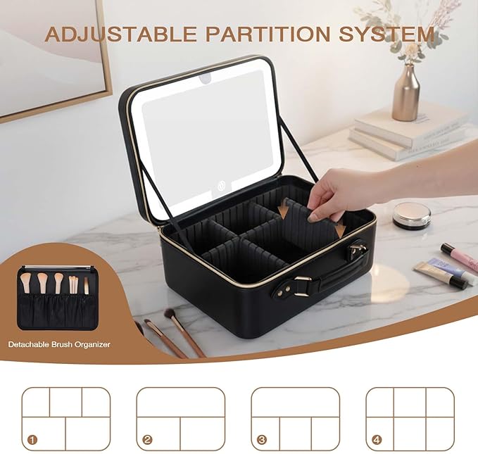 Prite Makeup Bag With LED Mirror 3 Light Modes Adjustable Brightness, Travel Cosmetic Train Case with Adjustable Dividers & Brush Holder, Portable Makeup Artist Organizer Bag for Women(Black)
