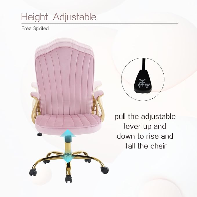 Velvet Home Office Chair with Gold Arms and Legs, Comfortable Upholstered Tufted Swivel Desk Chair Comfy with Wheels for Girls Women Study Bedroom Living Room, Pink