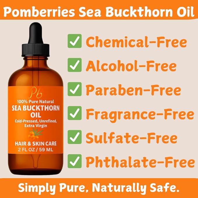 Sea Buckthorn Oil – 100% Pure Cold-Pressed from Fruit & Seed – Sea Buckthorn Seed Oil for Face, Hair, Skin & Nails – Supports Radiant, Youthful-Looking Skin – Amber Glass Bottle 2 fl oz