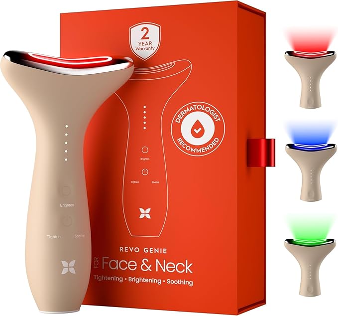 REVO Genie | 3-in-1 Face & Neck Beauty Massager with Heat, 3 Light Therapies, Smart Vibration | Red Light, Blue Light, Green Light Therapy for Smooth Glowing Skin
