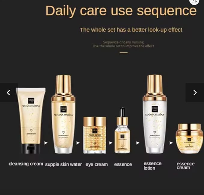 QueenLine 24K Gold 9PCS Face Toner Essence Cream Nicotinamide Anti-Aging Wrinkles Serum Facial Cleanser Kit Skin Care Set With Box