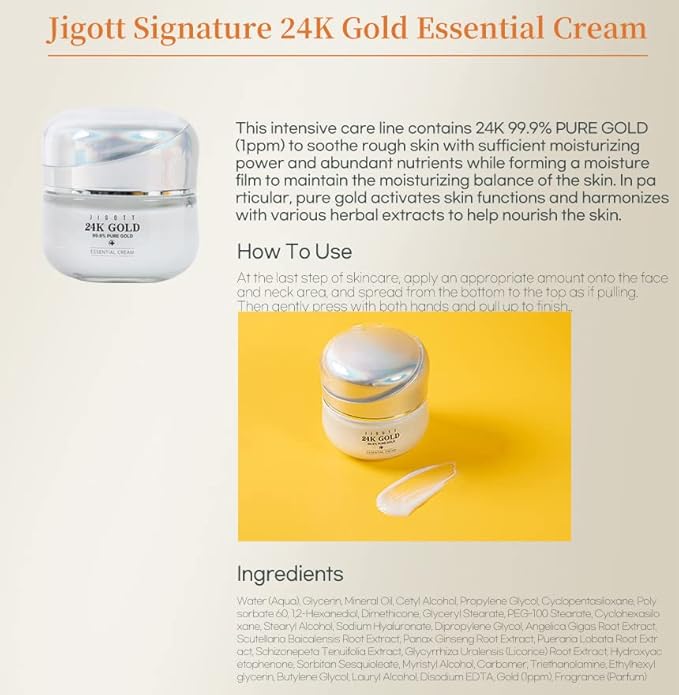 Jigott - Signature 24K Gold Essential Skin Care 3 Set - Toner (150ml), Emulsion (150ml), Cream (50ml) - Korean Skincare for Healthy and Glowing Skin
