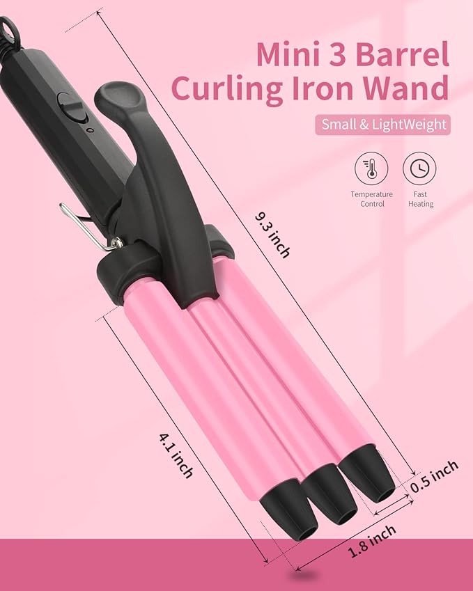 Mini 3 Barrel Curling Iron, Dual Voltage Triple Barrel Hair Waver for Home and Travel, Ceramic Tourmaline 1/2 Inch, Pink