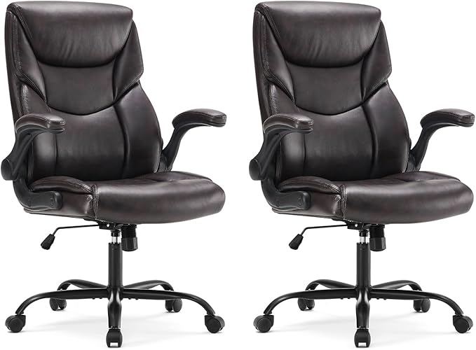 DUMOS Office Chair Set of 2 - Ergonomic Executive Computer Desk Chairs with Adjustable Flip-up Armrest, Swivel Task Chair with Lumbar Support, Strong Metal Base, PU Leather, Brown