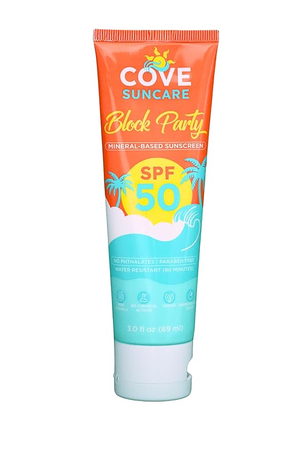 Block Party SPF 50 Mineral Sunscreen Body Lotion, Broad Spectrum UVA UVB Sun Protection, Moisturizing with Aloe Vera, Shea Butter, Avocado & Coconut Oil, Water Resistant 80 Min, Reef Friendly, 3 fl oz