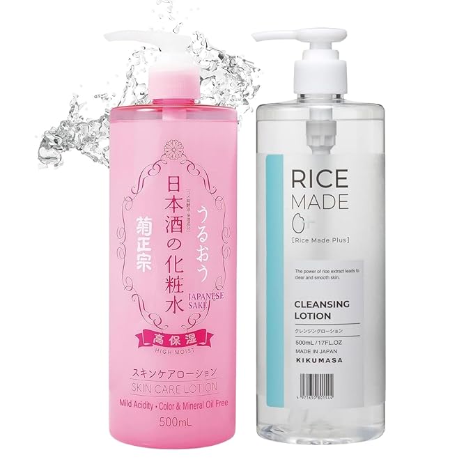 Kikumasamune Daily Moisturizer 2-in-1 Facial Toner Lotion & Natural Makeup Remover Liquid, Organic Facial Cleanser for Women & Men by Fermented Rice & Amino Acid, 16.9+16.9 Fl Oz NO NEED FACE WASH