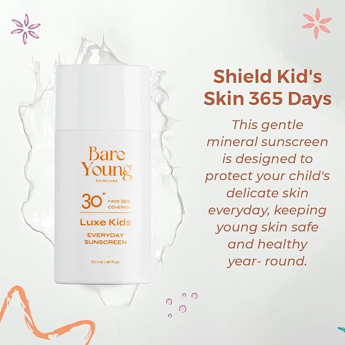 Bare Young 365 Covered Everyday Sun-screen, Zinc Oxide and Titanium Dioxide, Quick-Absorb Facial Sunscreen with No White Cast, Kids SPF 30 Face Sunscreen, Vegan Plant-Based Skincare for kids