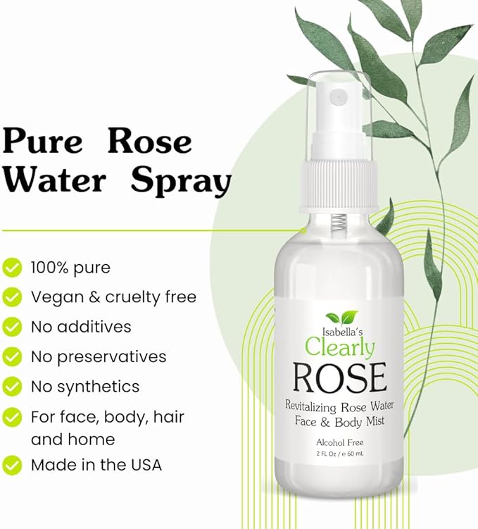 Isabella's Clearly Rose - 100% Pure Rose Petal Water Spray for Hydration, Body and Hair | Revitalizing Aromatherapy Mist | Alcohol-Free, No Additives, Glass Bottle, Made in USA (2 Oz)
