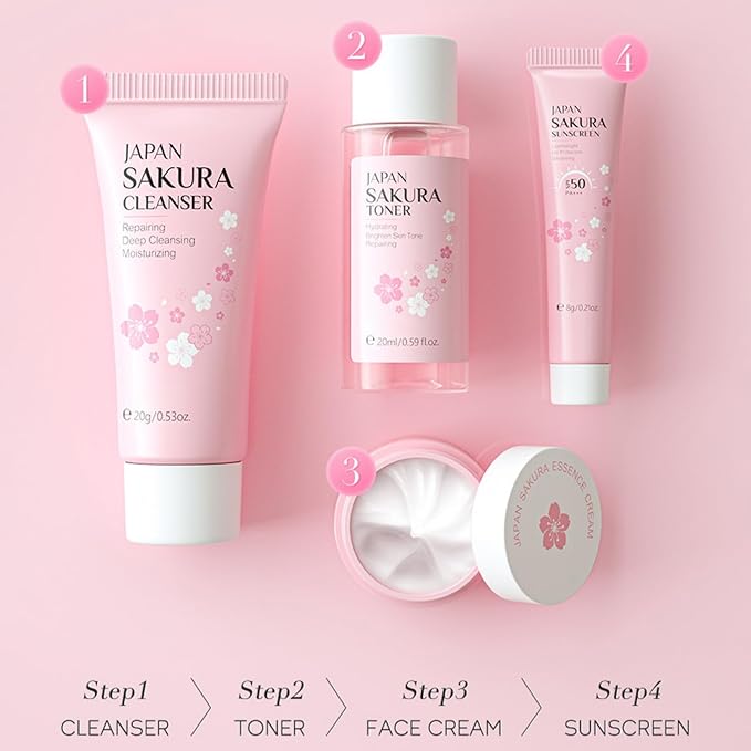 Skin Care Sets for Teenage Girls, Sakura Skin Care Sets & Kits Women Beauty Gift Set with Cleanser, Mud Mask, Toner, Serum, Eye Cream, Facial Cream, and Sunscreen, Birthday Gift for Women and Girls