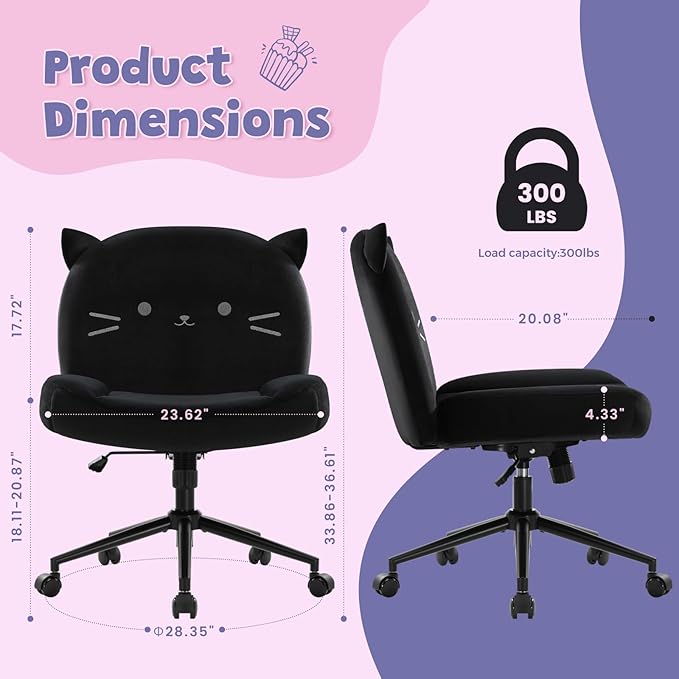IWMH Armless Office Desk Chair with Wheels,Ergonomic Criss Cross Legged Computer Chair with Fabric Padded, Height Adjustable Wide Seat Vanity Chairs,Mid Back Task Chair for Home, Bedroom (Black)