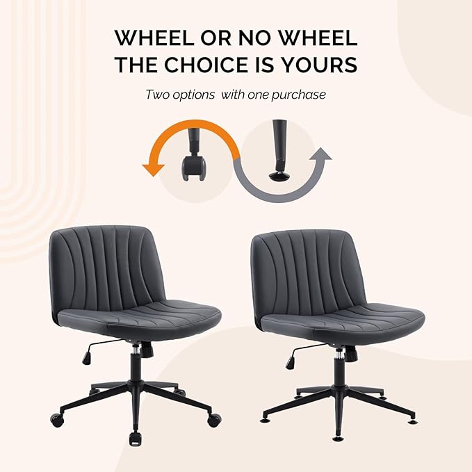 VINGLI Criss Cross Legged Chair,Wide Comfy Office Desk Chair,Dual-Use with/no Wheels Computer Task Chair,Swivel Armless Vanity Rolling Chair for Study,Make Up,Home Office,Cat Scratch PU Leather,Black