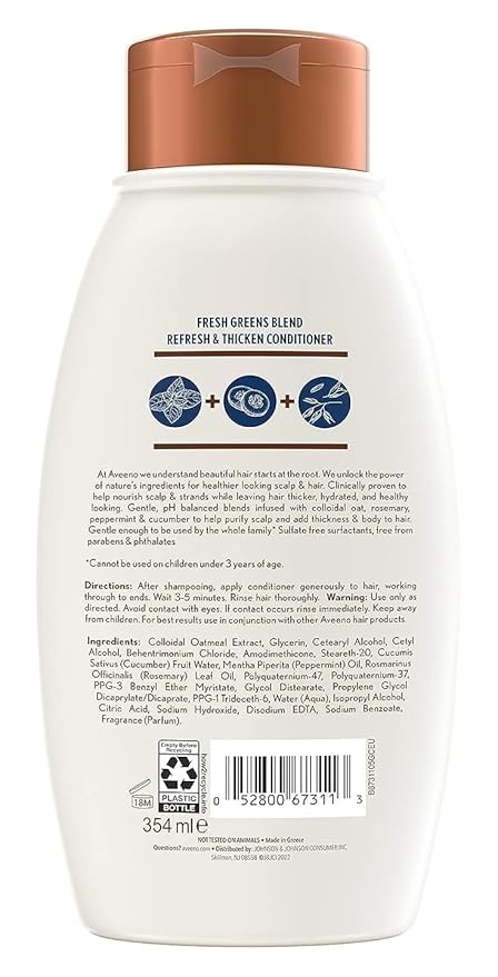 Aveeno Fresh Greens Blend Natural Volumizing Conditioner, Cucumber, Rosemary, for Fine Hair, 12 fl oz (Pack of 2)
