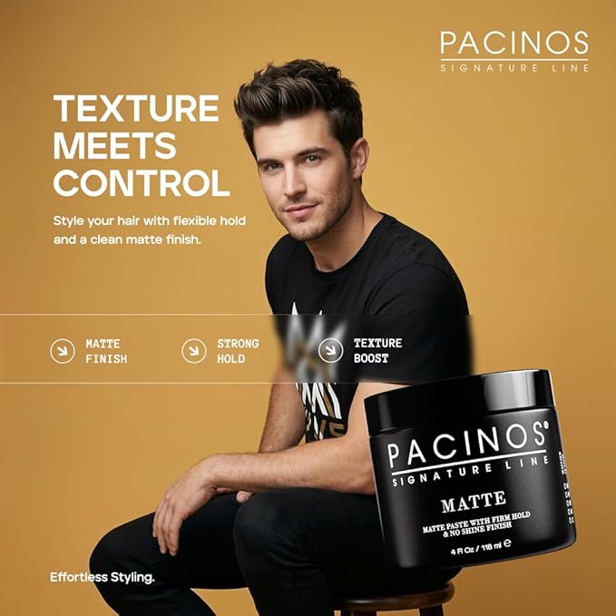 Pacinos Matte Hair Paste - Firm Hold, No Shine, Sculpting & Styling Wax, Long Lasting Definition & Texture, No Flakes, All Hair Types, 4 fl. oz.