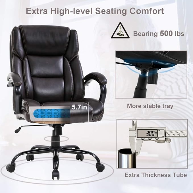 Big and Tall Office Chair 500lbs Wide Seat Ergonomic Desk Chair Task High Back Executive Chair Rolling Swivel PU Computer Chair with Lumbar Support Armrest Adjustable Chair for Heavy People, Brown
