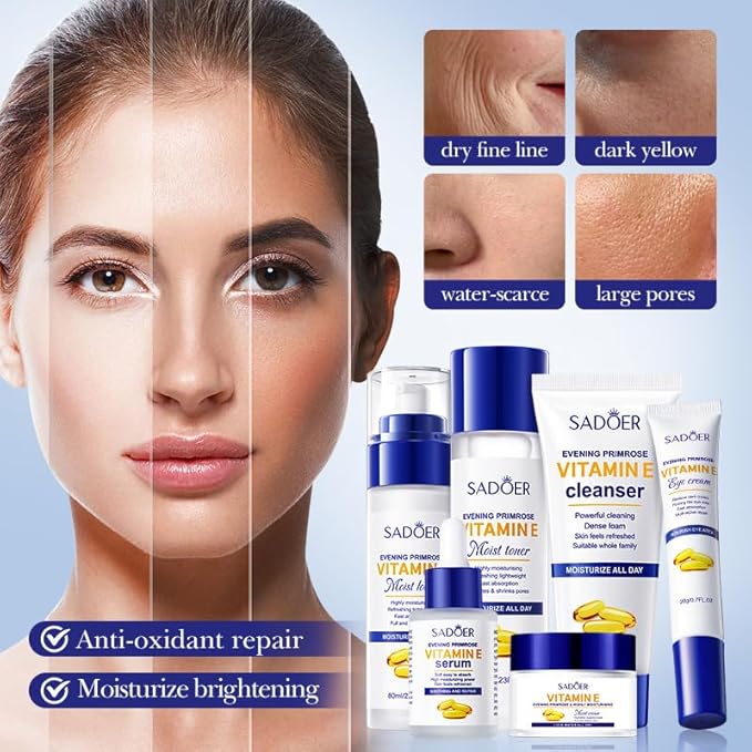 6-Piece Evening Primrose & Vitamin E Skincare Set | Hydrating Anti-Aging Routine for Dry/Sensitive Skin | Cleanser, Toner, Lotion, Serum, Cream, Eye Cream