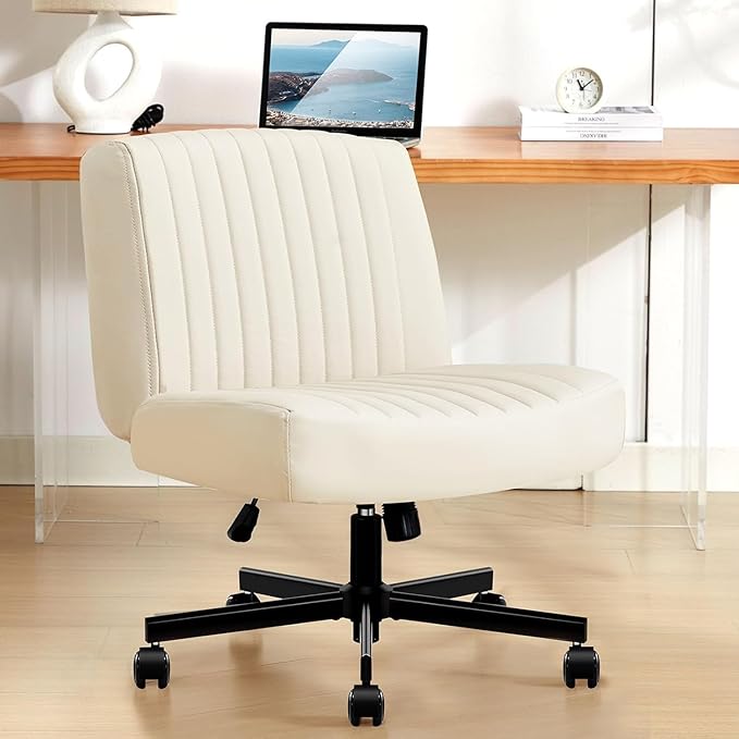 Criss Cross Chair with Wheels,Thick Padded Leather Cross Legged Office Desk Chair with Pocket Spring Cushion,Dual-Purpose Base,Wide Adjustable Computer Home Office Vanity Chair,Beige