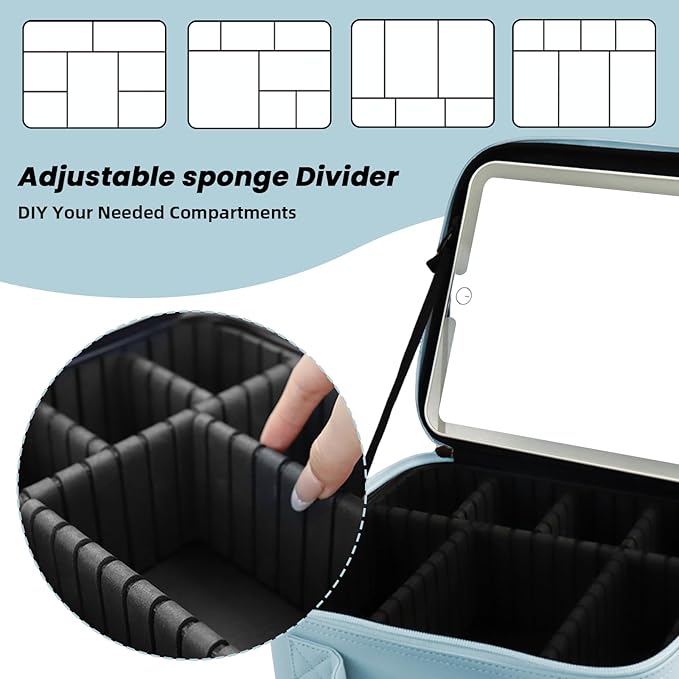 Travel Makeup Bag with LED Mirror and Light Travel Makeup Case Cosmetic Organizer Portable Cosmetic Brush Organizer Bag with Adjustable Dividers for Cosmetics Makeup Brushes Toiletry(Baby Blue)