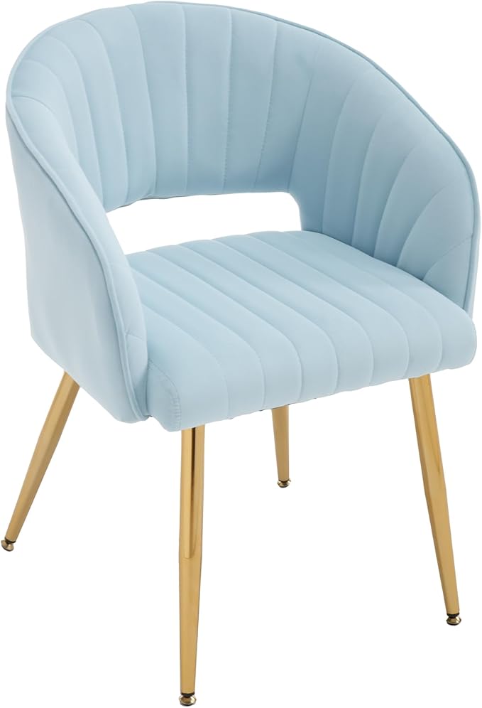 Modern Velvet Vanity Chair, Home Office Desk Chair with Hollow Back, Upholstered Dining Chair with Gold Metal Legs, Comfy Accent Armchair for Living Room Bedroom, Light Blue