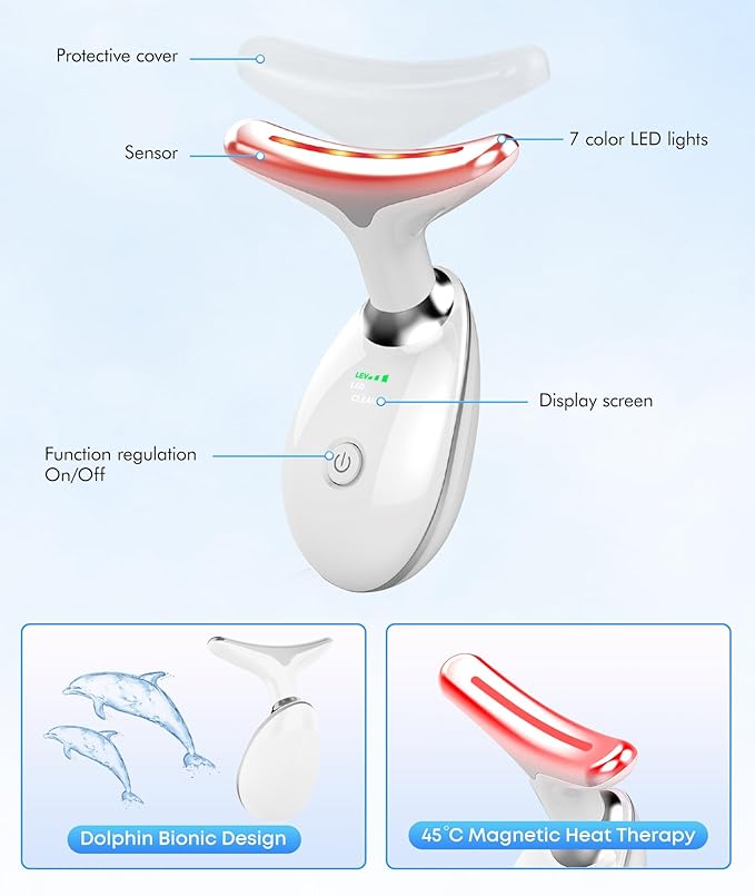 Red Light Therapy for Face and Neck, 7 Color Face Massager Tool for Wrinkles, Double Chin, Vibrating Facial Massager with Thermals for Skin Care, Gifts for Women Men, Glossy White